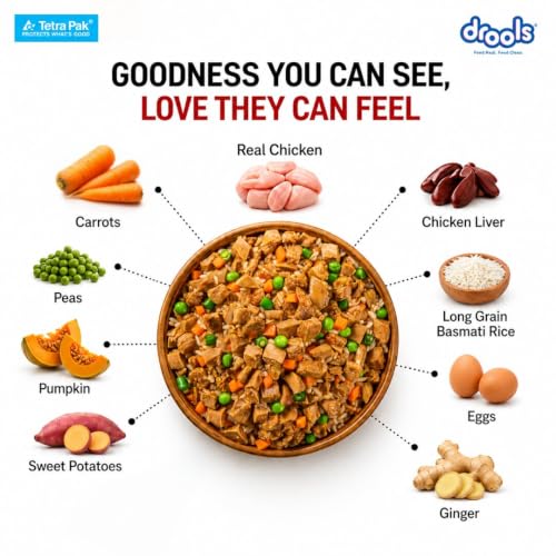 Image of Drools Dog Fresh Food Tetra Pak Real Chicken Biryani, for Adult & Puppy, 150g | High Protein, 90% Real Meat | No Preservatives | Retains Freshness & Flavours | Ready to Serve | One Pack Per Meal