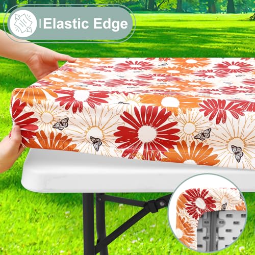 Image of misaya Picnic Table Cover with Bench Cover, Waterproof Elastic Fitted Tablecloth for 6 Foot Tables, Rectangle Washable Polyester Fabric Tablecloths for Picnic, Camping, Outdoor (Red Daisy, 30 inch x 72 inch)