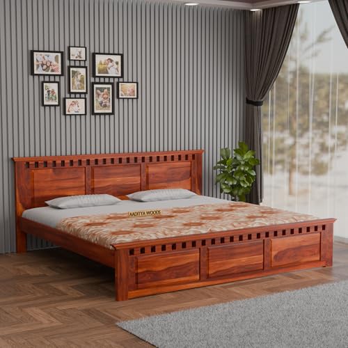 Image of AADITYA WOODS Solid Sheesham Wood King Bed Cot Without Storage | Wooden Bed for Bedroom | Multipurpose Use Cot Palang Diwan (Honey k1, King) (82 x 74 x 41 inch)