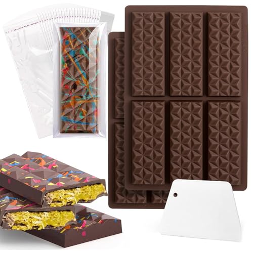 2 PCS Silicone Chocolate Moulds，6 Cells Triangle Diamond Candy Moulds Dubai Chocolate Bar Pistachio Mould,with 100 Bags and Spatulas,for Bakery Party or DIY Gift