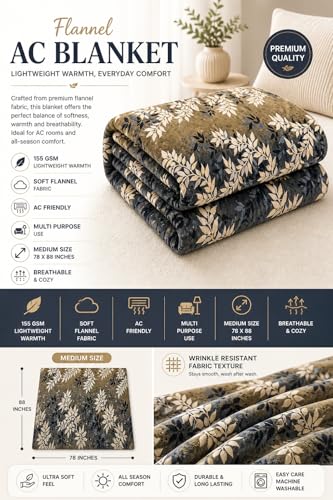Image of Flannel AC Blanket (78x88 Inches) - 155 GSM Lightweight Ultra Soft Cooling Blanket, Multipurpose AC Blanket & Warm Top Sheet for Medium Beds, Breathable & Cozy, Grey & Gold