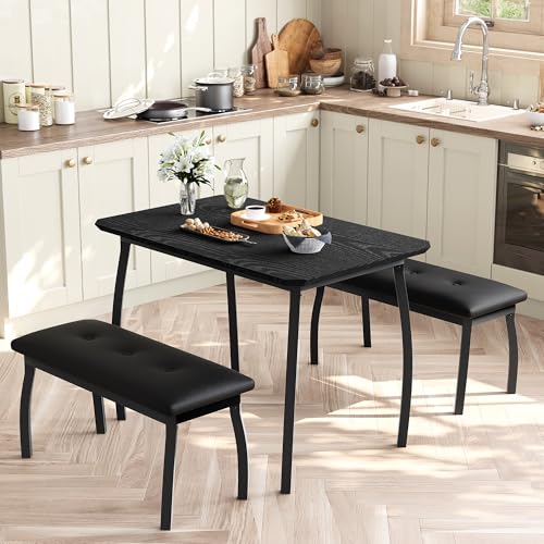 GAOMON Dining Table Set for 4, Metal Frame Kitchen Table Set with 2 Upholstered Bench, 3 Piece Dining Room Table Furniture for Apartment, Studio, Home, Easy Assembly, Black