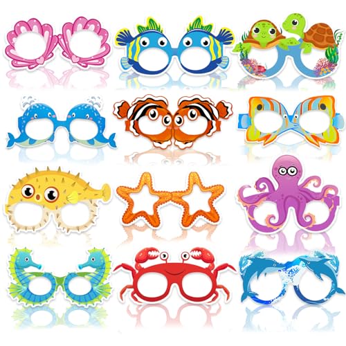 Qpout 24 peças óculos decorativos para festas de animais do oceano, divertido acessório de fotos sob o mar com moldura de óculos de papel, suprimentos para festas de aniversário com tema marinho