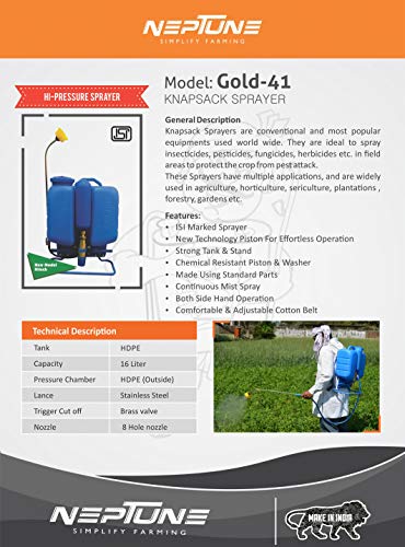 Image of NEPTUNE SIMPLIFY FARMING Knapsack Hand Operated Garden Hitech Sprayer Gold-41 (Blue, 16 Liter)
