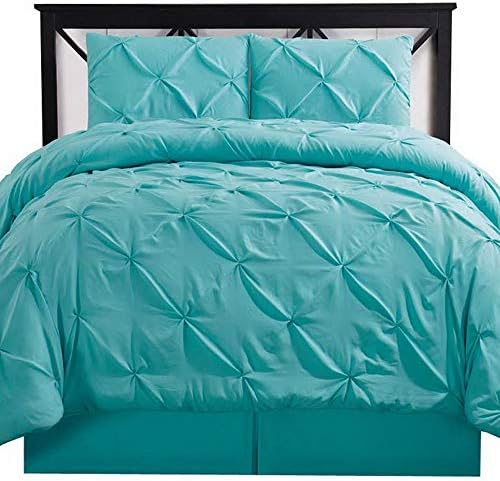 Comforter Set Brushed Microfiber 4 Piece Pinch Pleat Pintuck Luxury Modern Hypoallergenic All Season Soft Oversized Bedding - with Pillow Shams and Bed Skirt - Solid Aqua Blue Double Bed Full Size