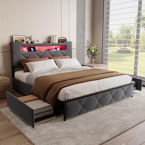 Bett 140 x 190 cm mit LED- und USB-Bettgestell, gepolstertes Doppelbett mit 4 Schubladen, gepolstertes Bett mit großem Stauraum, Litss mit Schubladen für Erwachsene und Jugendliche (Grau-D, 140 x 190
