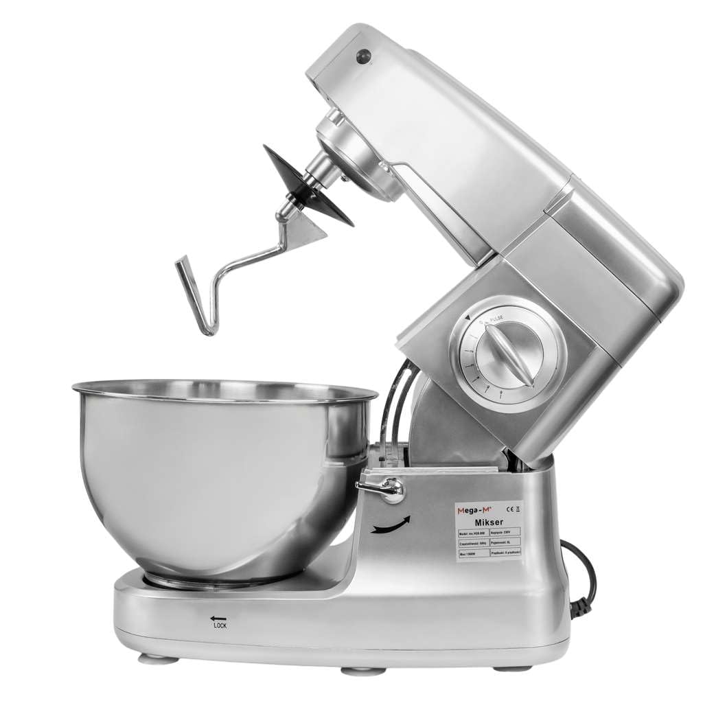 Mega-M Wielofunkcyjny robot kuchenny 3 w 1, 1500 W, miska ze stali nierdzewnej 8 l, mikser planetarny z maszynką do mięsa i mikserem stojącym, 6 stopni prędkości, srebrny