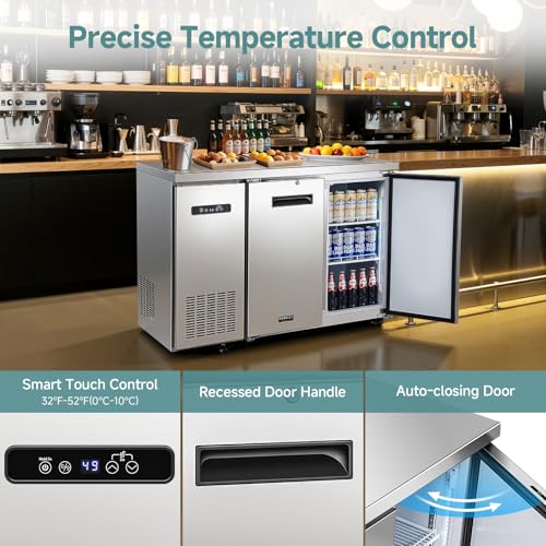 Image of BODEGA BODEGACOOLER Commercial Back Bar Cooler with 2 Solid Doors,12 Cu.Ft Stainless Steel Commercial Counter Height Bar Refrigerator,Display Drink Beverage Beer Fridge LED Light,SUS304 Top,4 Casters