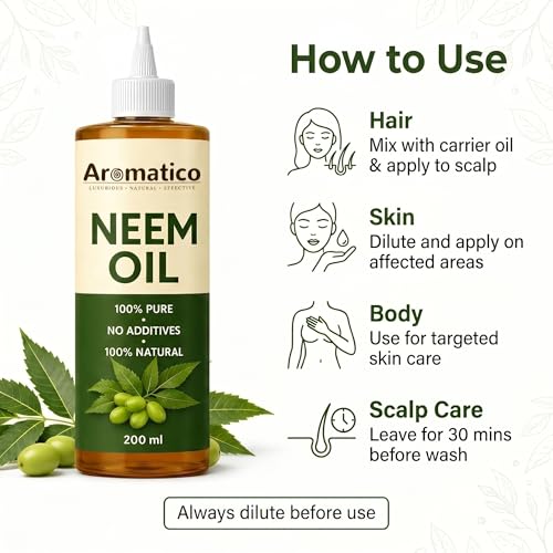 Image of AROMATICO Cold Pressed Neem Oil for Hair & Scalp Health - Neem Hair Oil for Dandruff, Scalp Itching & Hair Growth | Also for Skin Care & Plants | 200ml