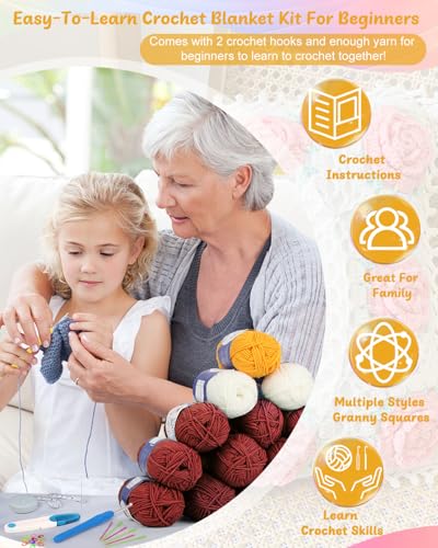 Image of Coopay Crochet Kit for Beginners, Granny Square Crochet Blanket Kit, Red | Crochet Kit W /Video Tutorial & Digital Instructions, All Accessories Included, Easy Knitting to Create Granny Square Blanket