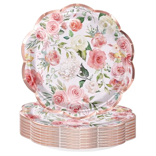 WRAPAHOLIC 25Pcs Floral Paper Plates - 7 Inch Pink Flower Disposable Plates Decorative Dessert Plates for Party Tableware Supplies Table Decor