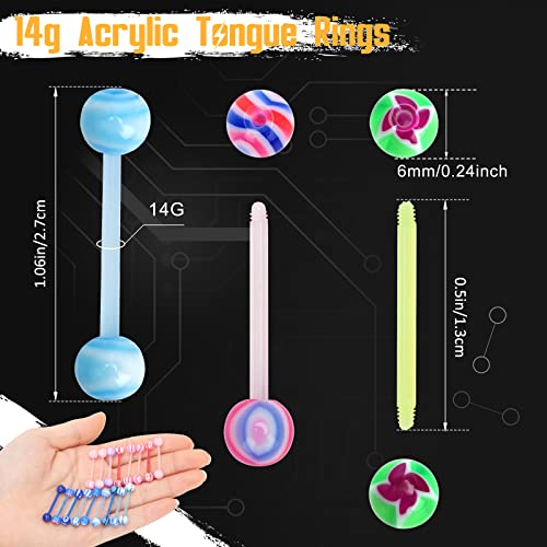 CrazyPiercing 100Pcs 14G Acrylic Tongue Rings, Multi Color Assortment Flexible Tongue Rings Barbells Mix Piercing3