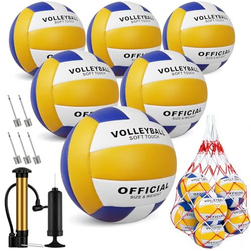 Sbarklo 6 Pack Official Size 5 Volleyballs -Composite Leather Waterproof Soft Volleyball with Pump and Net Bag for Indoor Outdoor Beach Pool Water Gym Training Match for Volley Ball Beginner