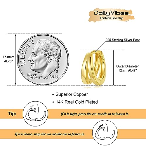 DAILY VIBES Small Gold Huggie Hoop Earrings for Women 14K Real Gold Plated Dainty Sterling Silver Post Split Mini Hoops Double Chain Drop Dangle Earrings for Women3
