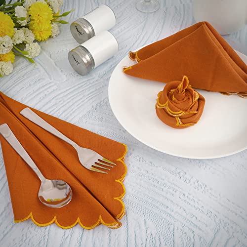 Image of FINGERCRAFT Scallop Edge Cloth Napkins | Set of 6 | 20x20 Inches | 100% Cotton | Table Napkins for Any Occasion | Washable, Perfect for Parties and Everyday Use (Rust Flax, Set of 6)