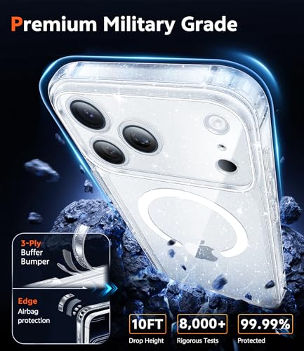 Image of FNTCASE for iPhone 17 Pro Case: Clear Magnetic Phone Cases Compatible with Magsafe Slim Anti Yellowing Military Grade Drop Protection Rugged Protective Transparent Cell Cover (B-Glitter Magnetic)