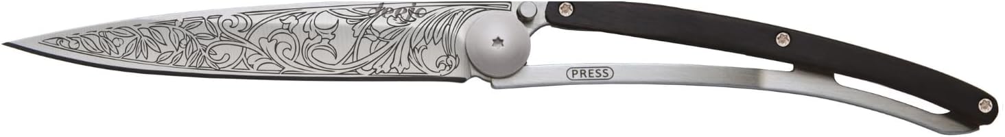 deejo - 27G Folding Pocket Knife with Belt Clip - Art Nouveau Design, 2.95-Inch Stainless Steel Blade, Ebony Wood Handle - Lightweight Everyday Carry for Home, Work, and Outdoor Use