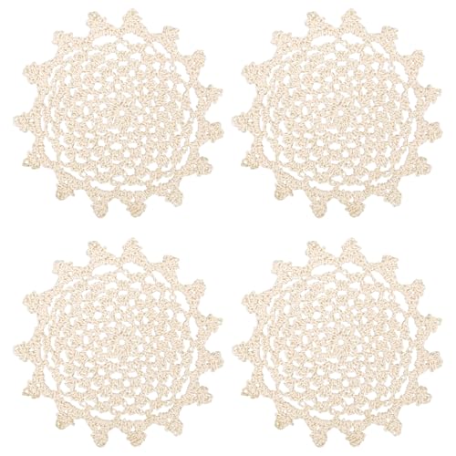 kilofly Crochet Cotton Lace Table Placemats Doilies Value Pack, 4pc, Beige, Net, 6 inch