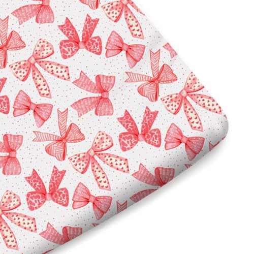 Image of Red Valentine's Bows Fitted Crib Sheets for Girl 52 inchx28 inch Girly Red Hair Bows Crib Mattress Covers Soft Breathable Valentine Hearts Love Baby Sheets for Standard Crib and Toddler Mattresses Red