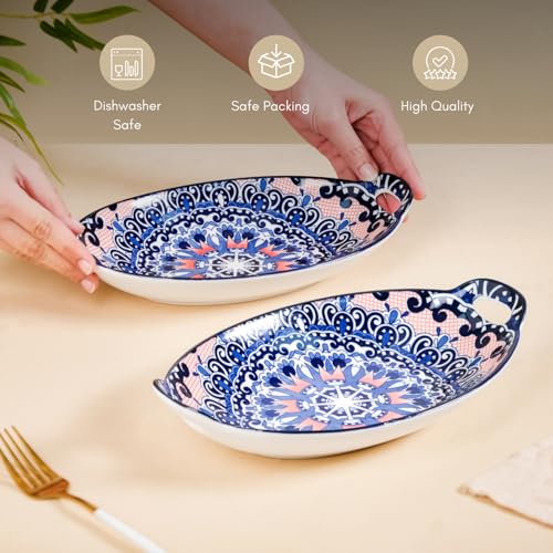 Image of Nestasia Set of 2 Blue Mandala Design Ceramic Serving Platter with Handles for Snacks, Appetizers, Salads, and Noodles | Microwave Safe, Dishwasher Safe (10.8 Inch)