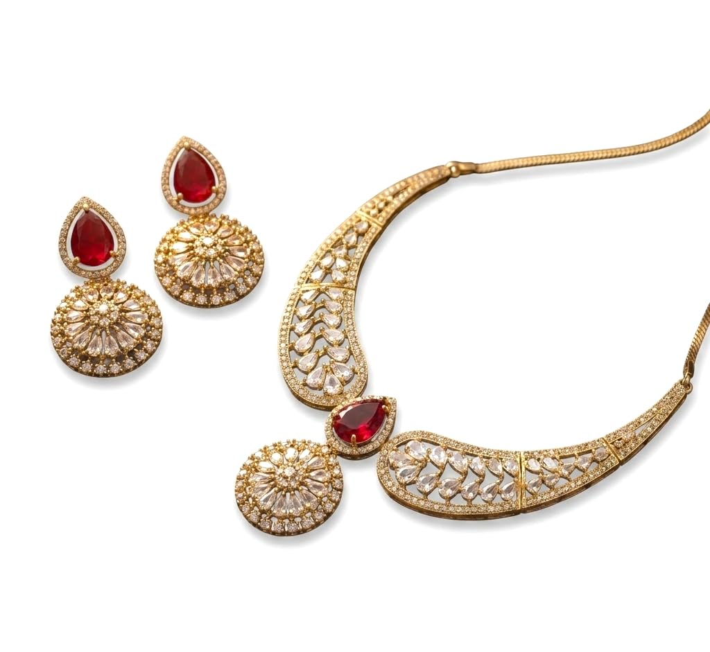 Victorian Mehndi Plated American Diamond Choker Necklace Set for Women | Ruby Red & Golden Stone Designer Jewellery with Matching Earrings | Wedding, Bridal & Party Jwellry-image-21