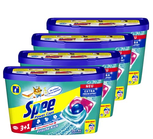 Spee Power Caps 3+1 Frische-Kick, 72 (4 x 18) Waschladungen, Vollwaschmittel für Reinheit, Strahlkraft & hygienische Frische zum schlauen Preis, Waschmittel mit Extra Frische-Effekt, 20–95 °C