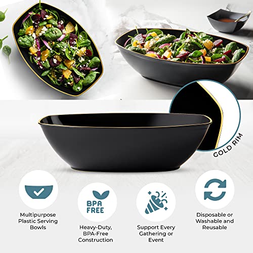 Posh Setting Oval Serving Bowls, Black/Gold Rim Plastic Serving Bowls, 4 Pack, 72 Ounce Large Plastic Disposable Party Snack, Buffet, Chips, Or Salad Bowl, Heavy Duty #TOP2