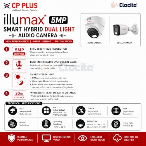 Image of CP Plus illumax 5MP 4 Channel DVR, 5MP 1 Dome & 1 Bullet Cameras [Color Night Vision + Built-in Audio MIC + SMART Dual Light + Motion Detection] + 500GB HDD + CLOCITE 4 CH SMPS + CCTV Cable + BNC /DC