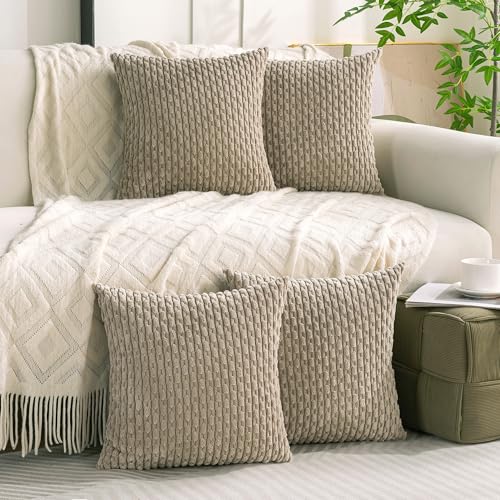 Set of 4 Taupe Decorative Throw Pillow Covers 24x24 Inch Corduroy Pillow Covers for Bed Couch Sofa Living Room Soft Square Cushion Cases