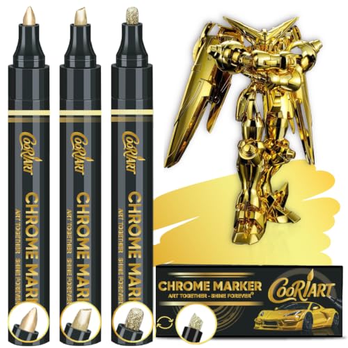 COORIART 3PK Permanent Mirror Chrome Gold Markers Metallic Gold Paint Pens for Metal Plastic Fabric Jewelry Model Painting Touch-Up and Repair Kit Set of 3 Tips (0.7mm 1mm 3mm)