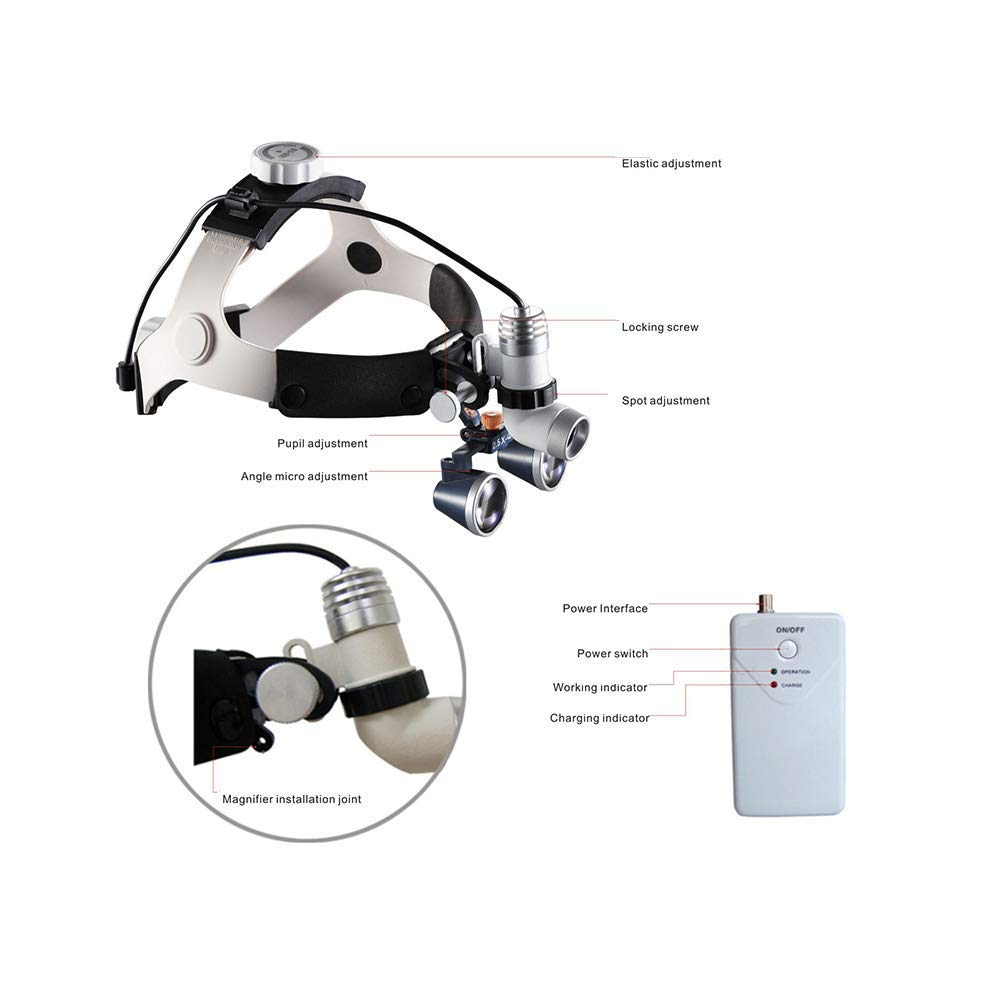 Zahnärztliche Lupenbrille, Binokulare Kopfbandlupe Mit 12.000 Lux Beleuchtung, 3-W-Led-Licht, 2,5-Fache Und 3,5-Fache Vergrößerung, 420 Mm Optisches Glas Für Za