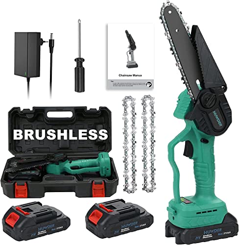 Mini Kettensäge mit Akku,HUWDER 6-Zoll Bürstenlose Mini-Kettensägen Elektro mit 2 Akku,2 Ketten,Handkettensäge Akku für Gartenscheren Astschere Holzschneidenz und Gartenarbeiten
