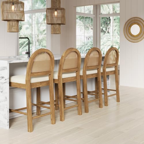 Image of Nathan James Bailey Boucle Upholstered Rattan Bar Stool, Counter Height Stool with Natural Rattan Woven Back For Kitchen Island, Light Brown, Set of 4