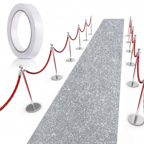 Tatuo Carpet Runner 2.46 x 16.4 Feet Runway Rug 55 GSM Thickness with Carpet Tape for Prom Graduation Wedding Outdoor Indoor Hallway Film Festival Party Rug(Silver)
