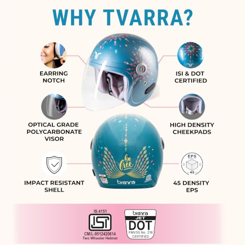 Image of TVARRA Dreamcatcher Women's Open Face Helmet with Printed Design, ISI Certified, Lightweight Material, Crafted for Women, Extreme Comfort fit with Clear Visor(Ocean Blue,M)