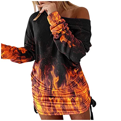 Off the Shoulder Sweatshirt Dress for Women Plus Size Casual Christmas Gradient Print Pullover Tops Female Party Dresses (01-Orange, M)