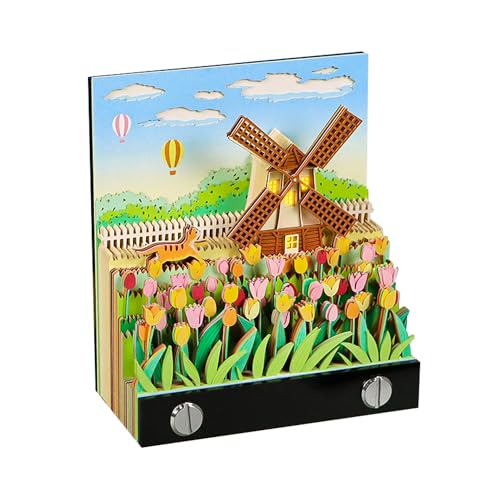 SIWEME 3D Memo Pad Windmill 3D Notepad Paper Carving Non-Stick Sticky Notes Cute Silhouette 3D Art Memo Pad Paper Art with Lights DIY Desk Decoration Gift