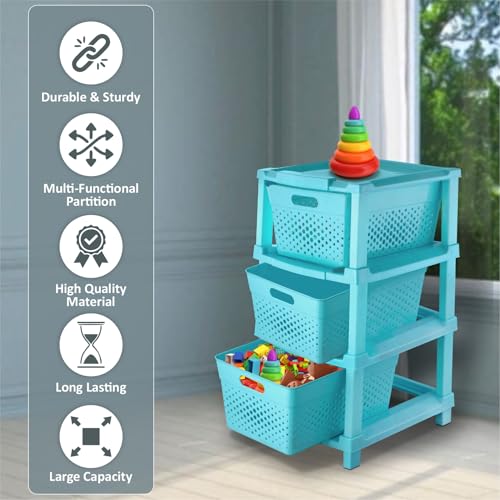 Image of JD FRESH 3-Tier Plastic Storage Cabinet Organizer /Modular Plastic Drawer System for Home, Office, Hospital, Parlor, School, and Kids' Rooms /Modular Kitchen & Toy Organizer (Blue)