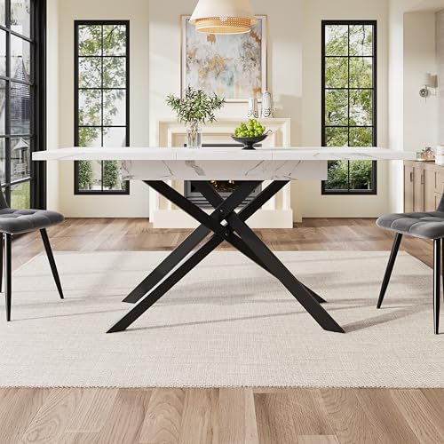 Lexiou Mesa de comedor telescópica (120-160 cm), extensible, ahorra espacio, patas de hierro cruzadas negras, para cocina y sala de estar, mesa de comedor de mármol blanco