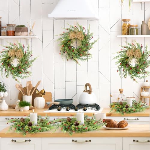 Image of 18 Pcs Artificial Christmas Candle Rings 9 Inch Cedar Pine Garland Wreaths with Red Berries Pinecones Wreaths Pine Needles Candle Ring Holder for Christmas Winter Decorations Table Centerpiece