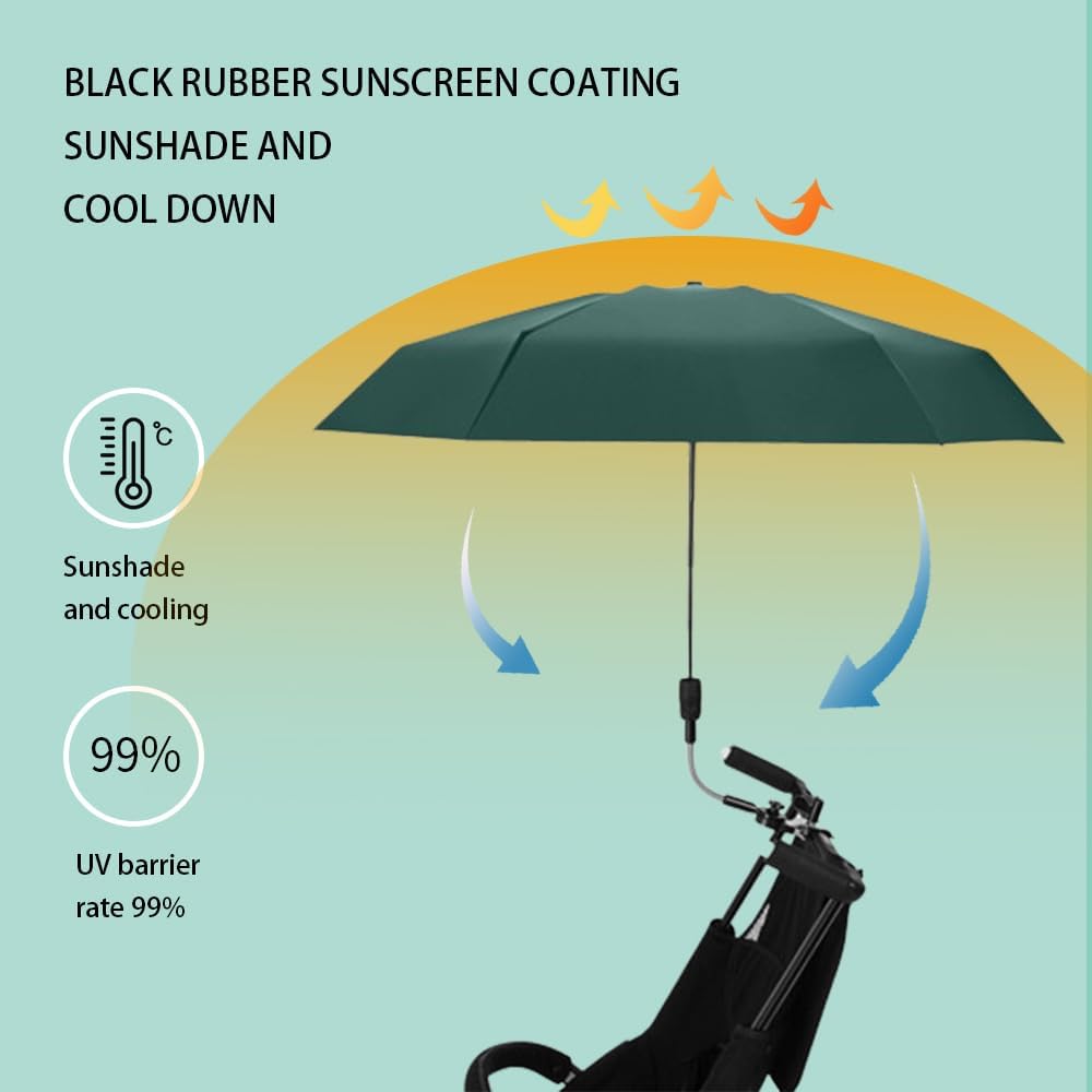 Clip-on Umbrella for Stroller Sunshade, Adjustable Steering Angle, Handle Included, Compact and Lightweight, Suitable for All Kinds of Strollers (Dark Green) - 5