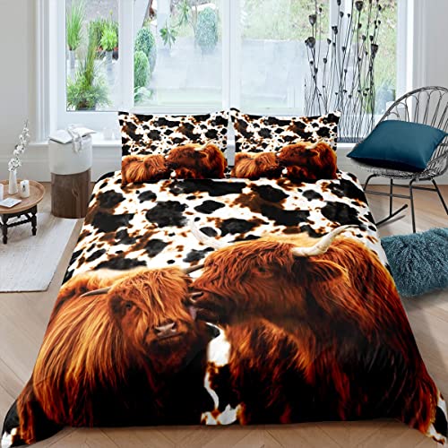 feelingyou Highland Cow Duvet Cover Set Single Size, Ink Milk Skin Fur Print Tribal Tie Dye Comforter with 1 Pillow Sham - Image 2