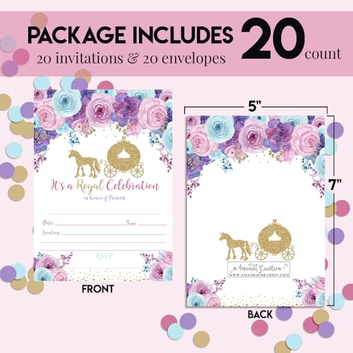 Watercolor Floral Gold Glitter Princess Carriage Birthday Party Invitations for Girls, 20 5x7 Fill In Cards with Twenty White Envelopes by AmandaCreation