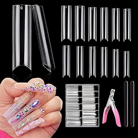 Yokilly 240PCS XXL False Nails,Extra Long C Curve Fake Nails,12 Sizes Half Cover Clear Nail Tips,Square Press on Nails Acrylic Nails with Nail Cutter Nail File for DIY Nail Extension & Salon(Clear) Cover