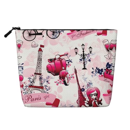 Paris Eiffel Tower France Water Resistant Pouch Women's Organizer, Fake Hemp Makeup Bag Large Cosmetic Travel Case