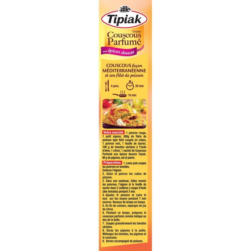 TIPIAK Couscous Aux Épices Douces - Saveurs orientales pour vos repas - Sachet de 500 g pour 4 personnes - Idéal pour accompagner vos plats mijotés. - Lot De 4 - Vendu Par Lot