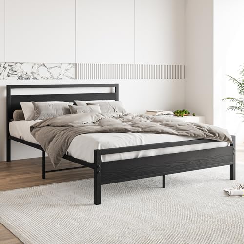 Image of BOFENG Black Queen Size Bed Frames with Wood Headboard,Heavy Duty Metal Platform Bed Frame with Storage No Box Spring Needed,Strong Steel Slats Support,Noise Free,Easy Assembly