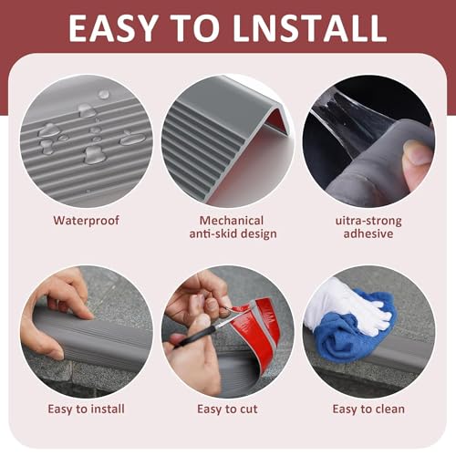 Image of Stair Tread Edge Protectors Adhesive Stair Strip Wide Side Design Non-Slip, Sunscreen, Waterproof, Antifreeze, Wear-Resistant L Shap - (Grey)