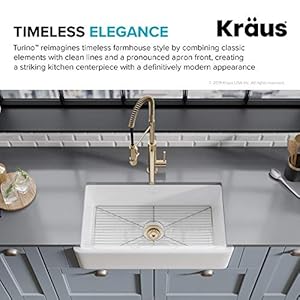 KRAUS KFR1 33GWH Turino Reversible 33 inch Fireclay Farmhouse Flat Apron Front Single Bowl Kitchen Sink with Bottom Grid in Gloss White