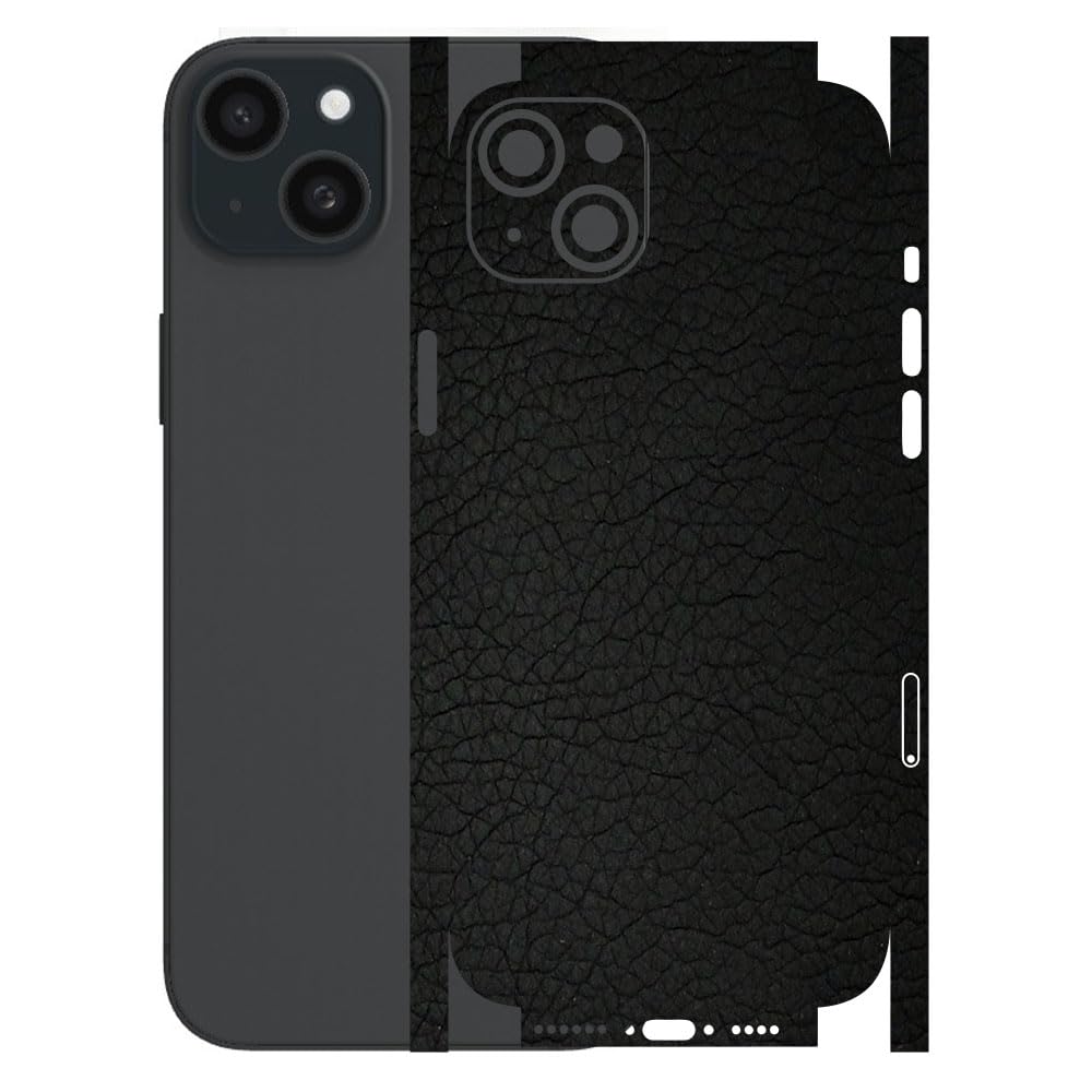 compatible for iphone 15 plus - mobile back skin sticker - lamination - back screen guard protector film wrap (coverage - back+camera+sides) (design - black leather)